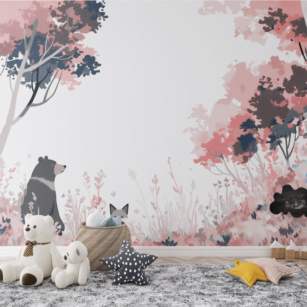Pink Grey Bear and Fox Forest Wallpaper | Mural
