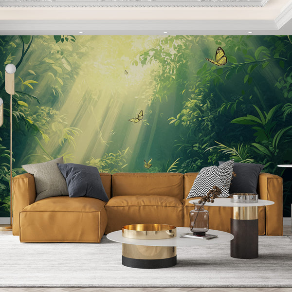 Tropical green jungle scene wallpaper