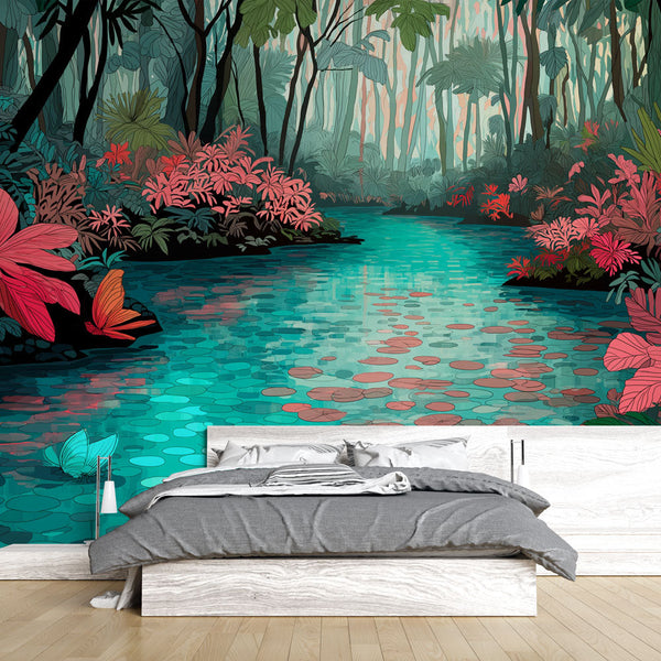 Tropical Rainforest Wallpaper | Turquoise River and Butterflies