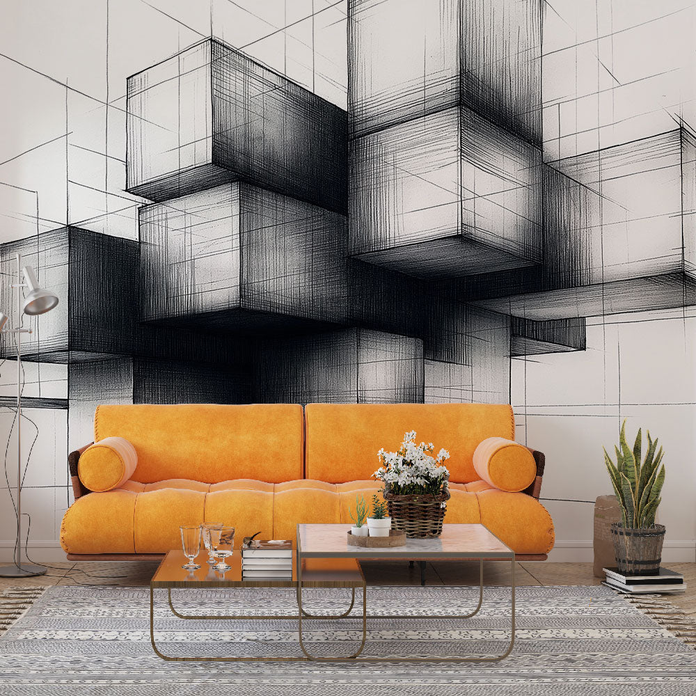 Geometric Wallpaper | Black White Gradient Cubes Wall Mural
