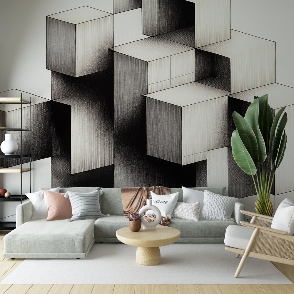 Geometric Wallpaper | Black and White Cubes for Modern Ambiance