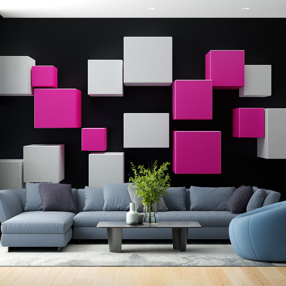 Geometric Cubes Wallpaper | Pink & White on Black Mural
