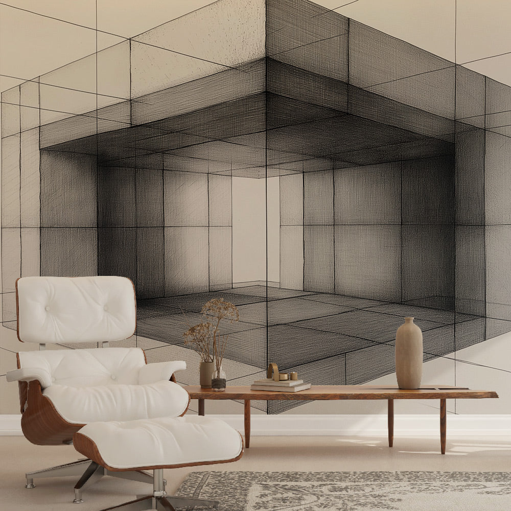 Geometric Wallpaper | Black White Cube Perspective Wall Mural