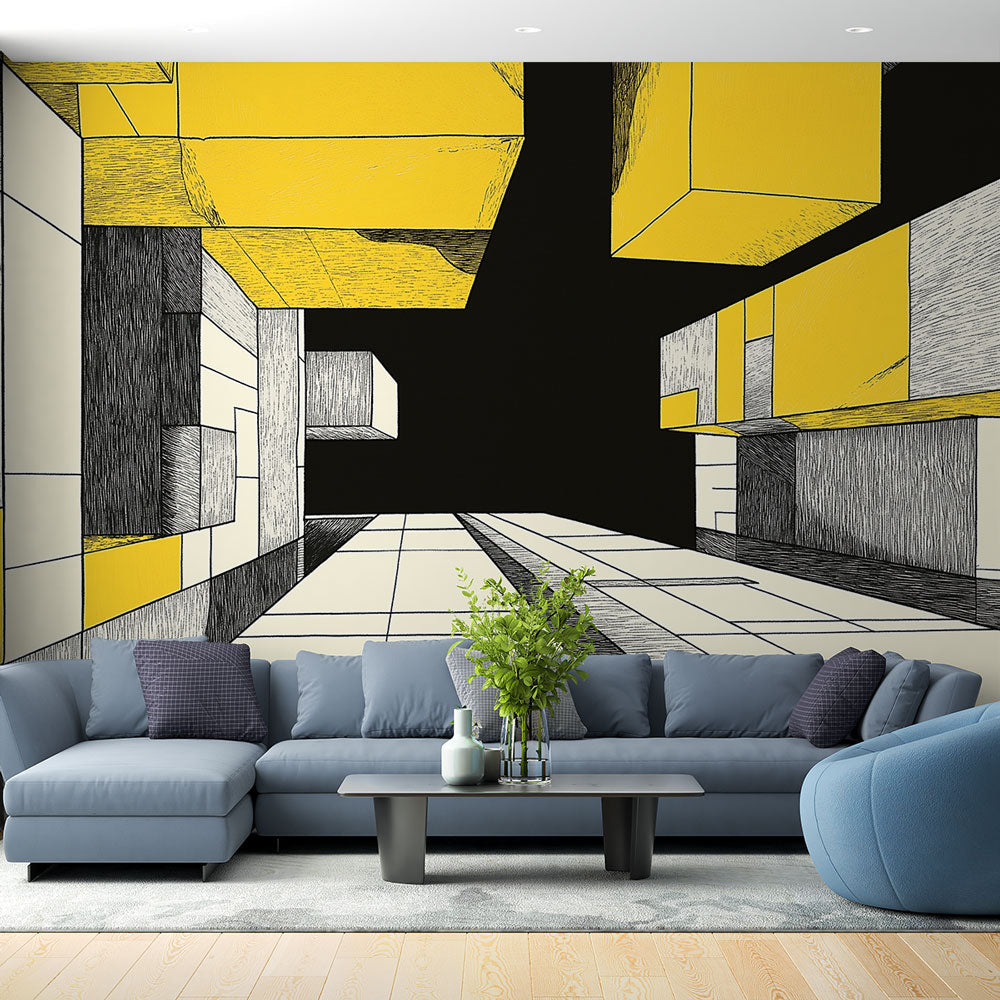 Geometric Wallpaper | Black White Yellow Cubes Wall Mural
