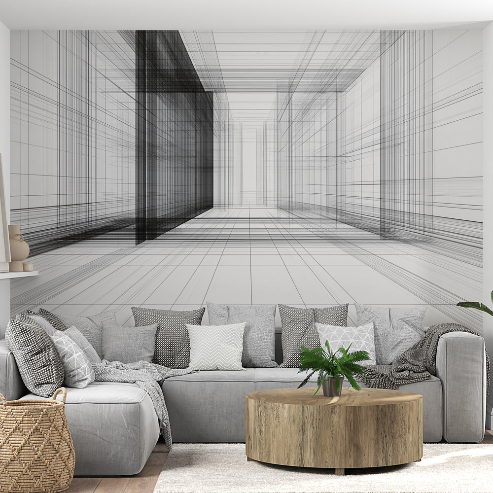 Geometric Wallpaper | Black White Linear Motif Wall Mural