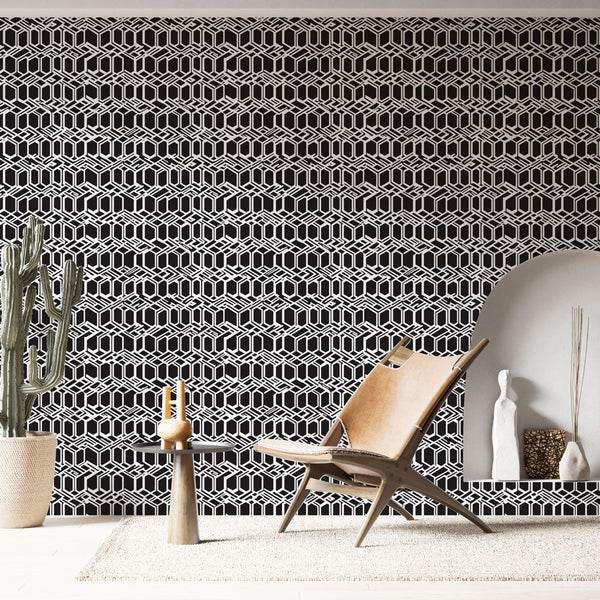 Geometric Hexagon Wallpaper | B&W Stylised Wall Mural