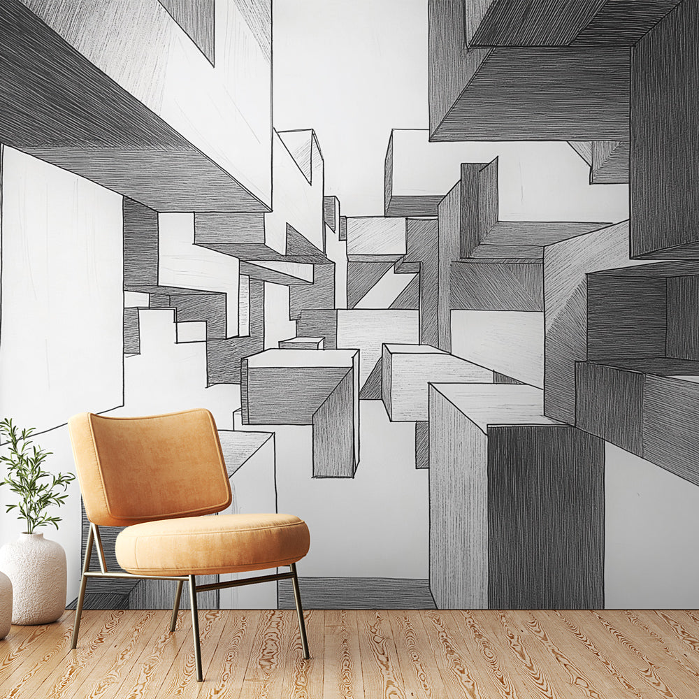 Geometric Wallpaper | Black and White Abstract Block Perspective