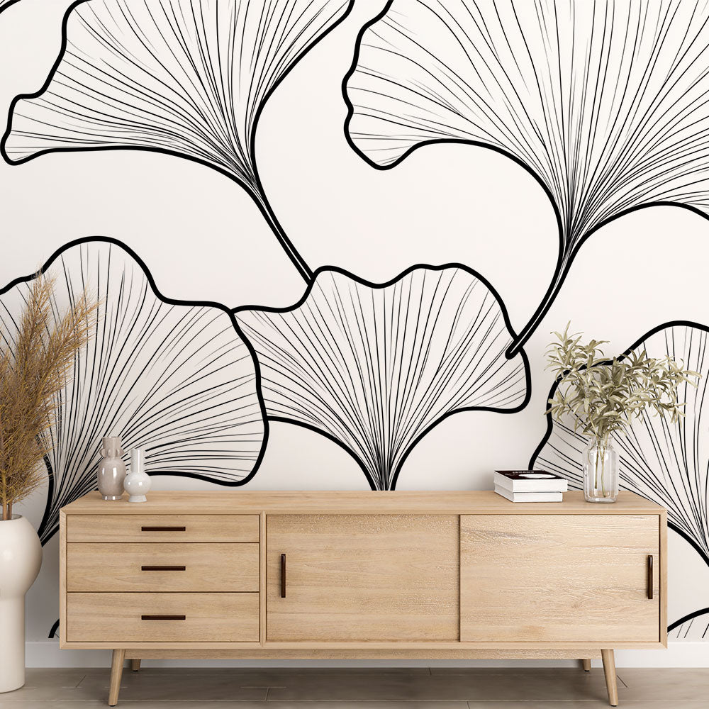 Gingko Wallpaper | Elegant Black & White Gingko Leaf Wall Mural