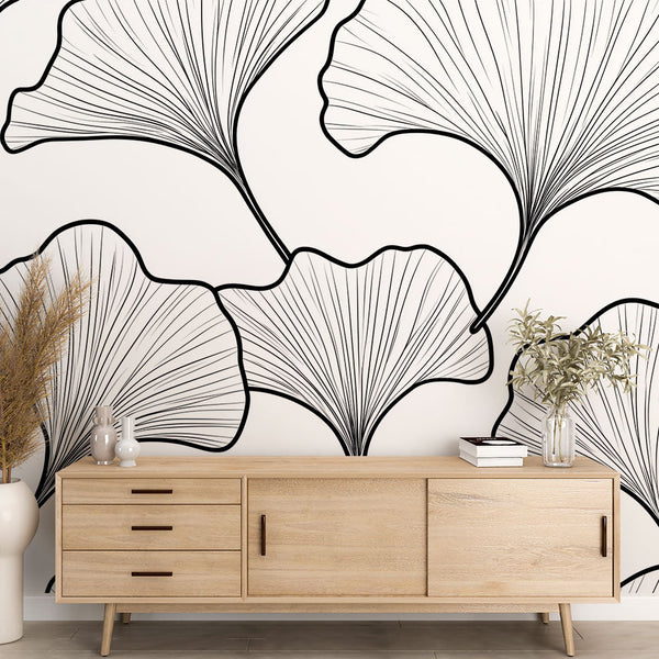 Gingko Wallpaper | Elegant Black & White Gingko Leaf Wall Mural