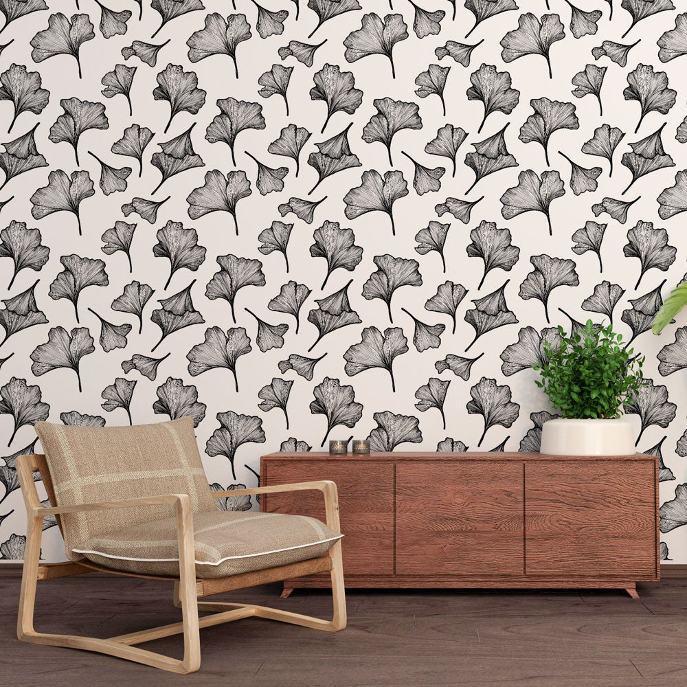 Ginkgo Biloba Line Wallpaper | B&W Leaves Wall Mural on Light Ground