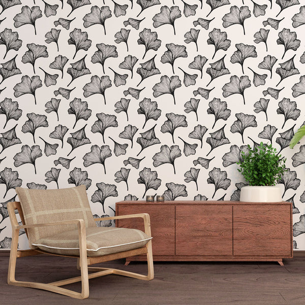 Ginkgo Biloba Line Wallpaper | B&W Leaves Wall Mural on Light Ground
