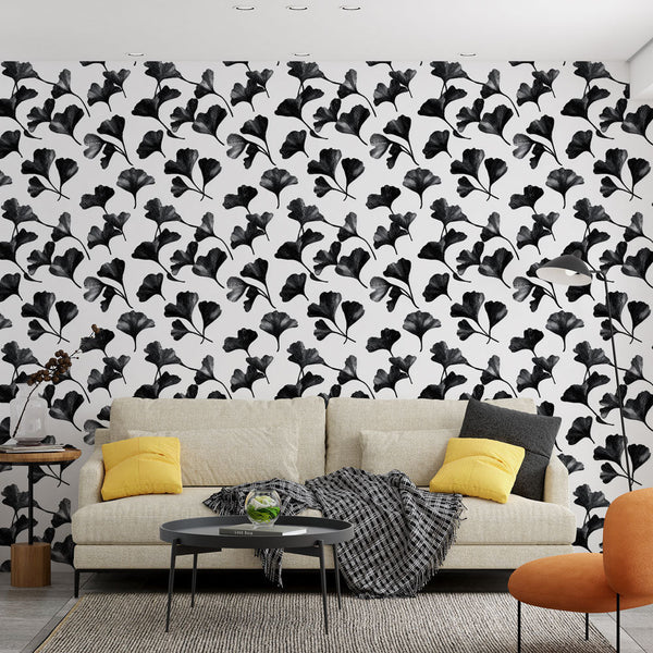 Ginkgo Biloba B&W Wallpaper | Refined Leaves Wall Mural on White