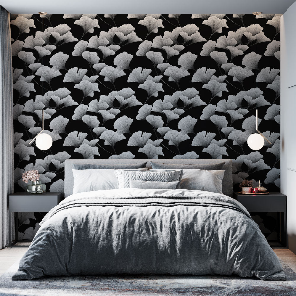 White Ginkgo Wallpaper | Elegant Leaves on Black