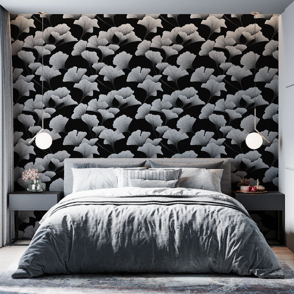White Ginkgo Wallpaper | Elegant Leaves on Black