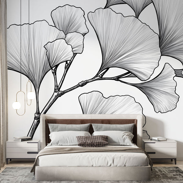 Ginkgo Wallpaper | Minimalist Black & White Floral Wall Mural