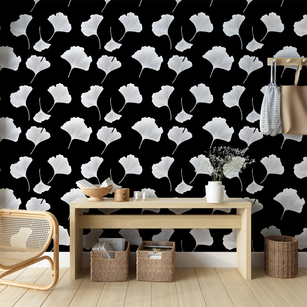 Ginkgo wallpaper | White leaves on black wall mural
