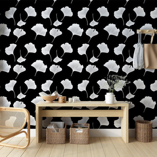 Ginkgo wallpaper | White leaves on black wall mural