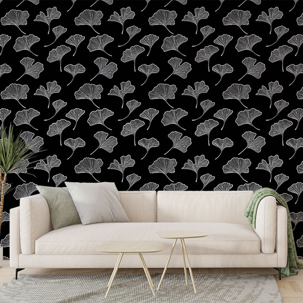 Ginkgo Wallpaper | White Leaves Wall Mural on Black