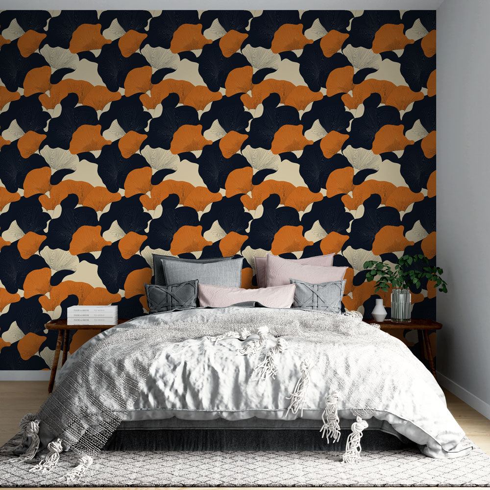 Ginkgo Wallpaper | Orange, Black & White Leaves Wall Mural
