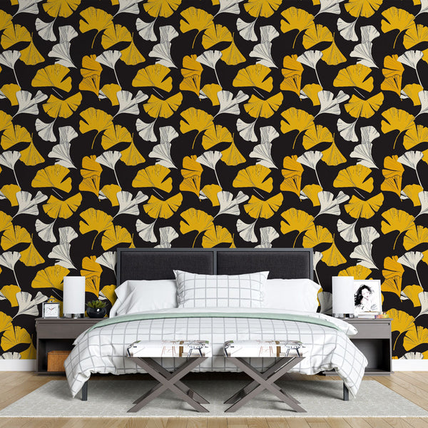 Ginkgo wallpaper | Yellow & white leaves on black mural
