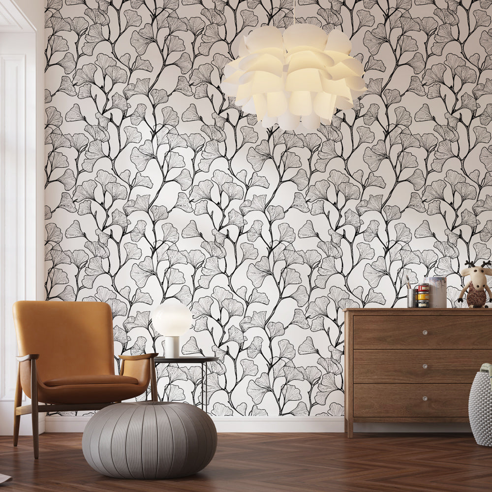 Ginkgo wallpaper | Monochrome leaf pattern wall mural