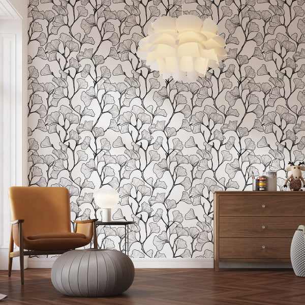 Ginkgo wallpaper | Monochrome leaf pattern wall mural