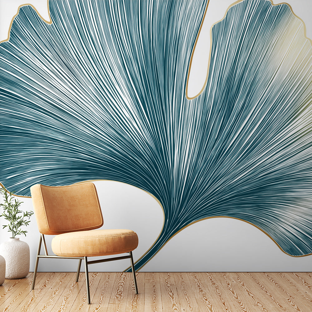 Ginkgo Wallpaper | Stylized Blue Leaf with Gold Outline