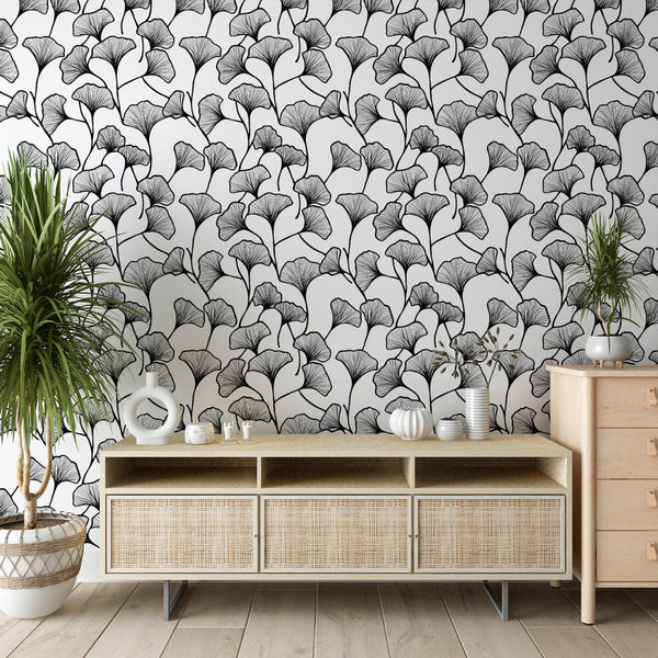 Ginkgo wallpaper | Black & white leaf wall mural design