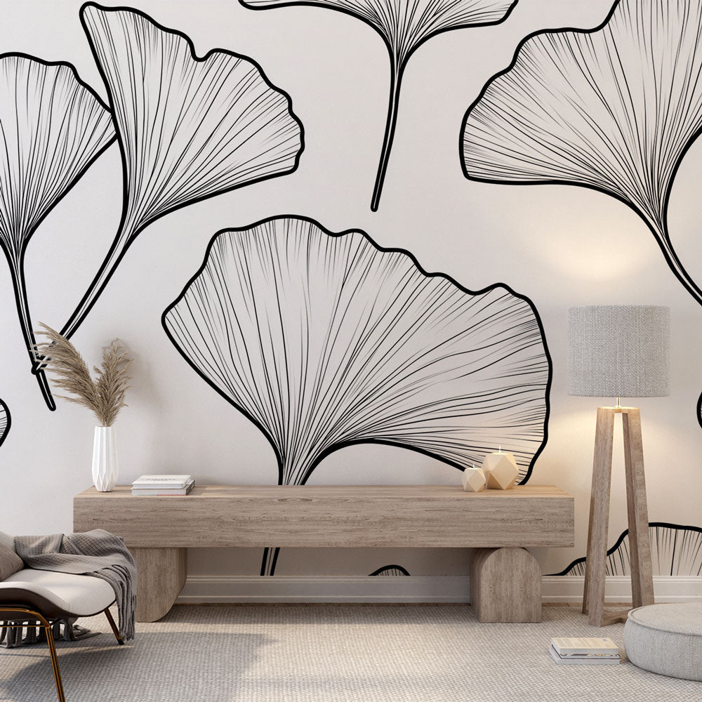 Ginkgo Wallpaper | Monochrome Ginkgo Leaf Wall Mural in Black & White