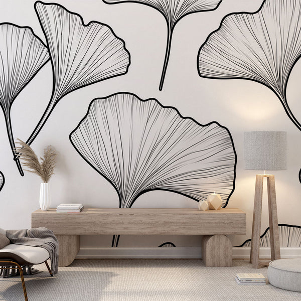 Ginkgo Wallpaper | Monochrome Ginkgo Leaf Wall Mural in Black & White