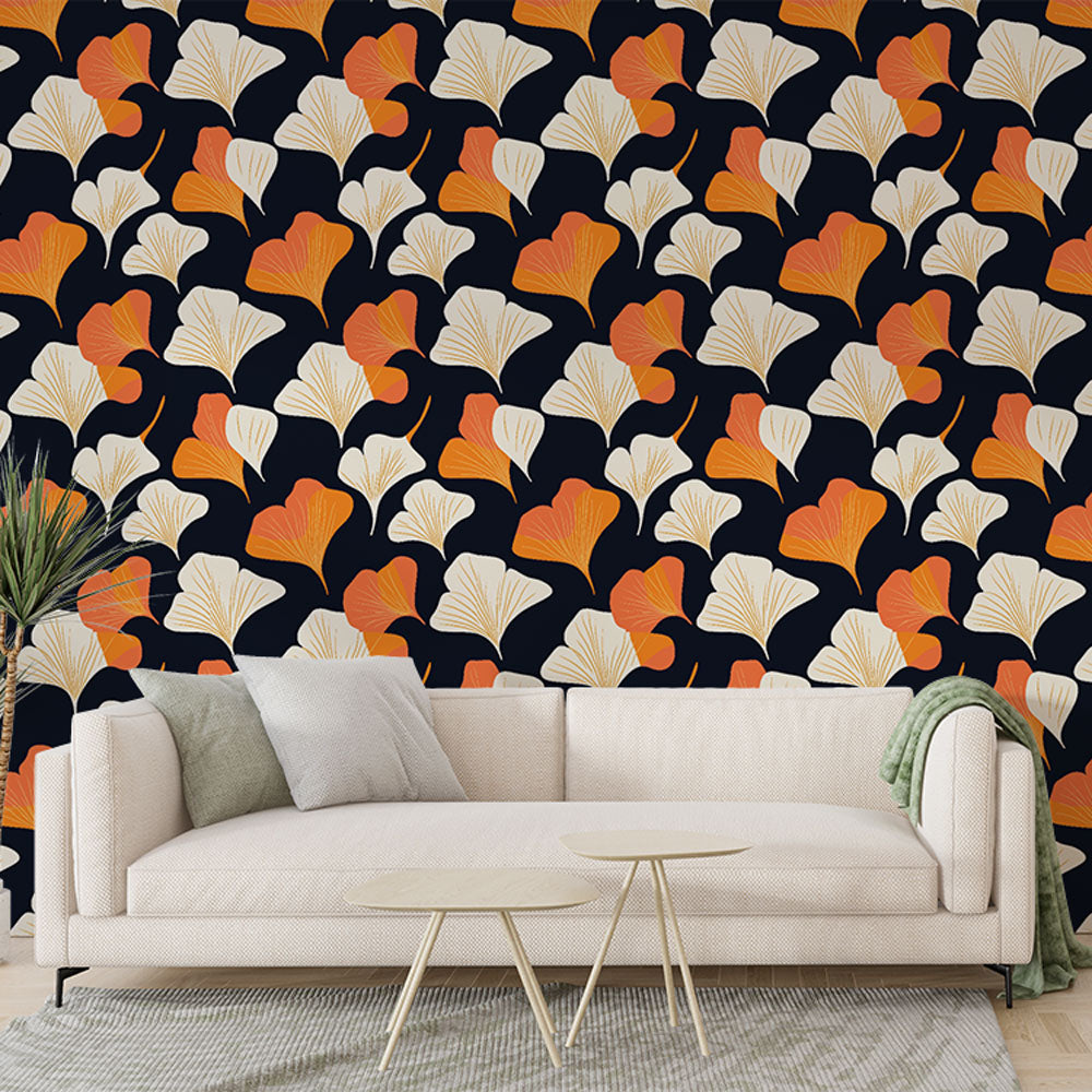 Ginkgo Wallpaper | Orange & White Leaves on Black