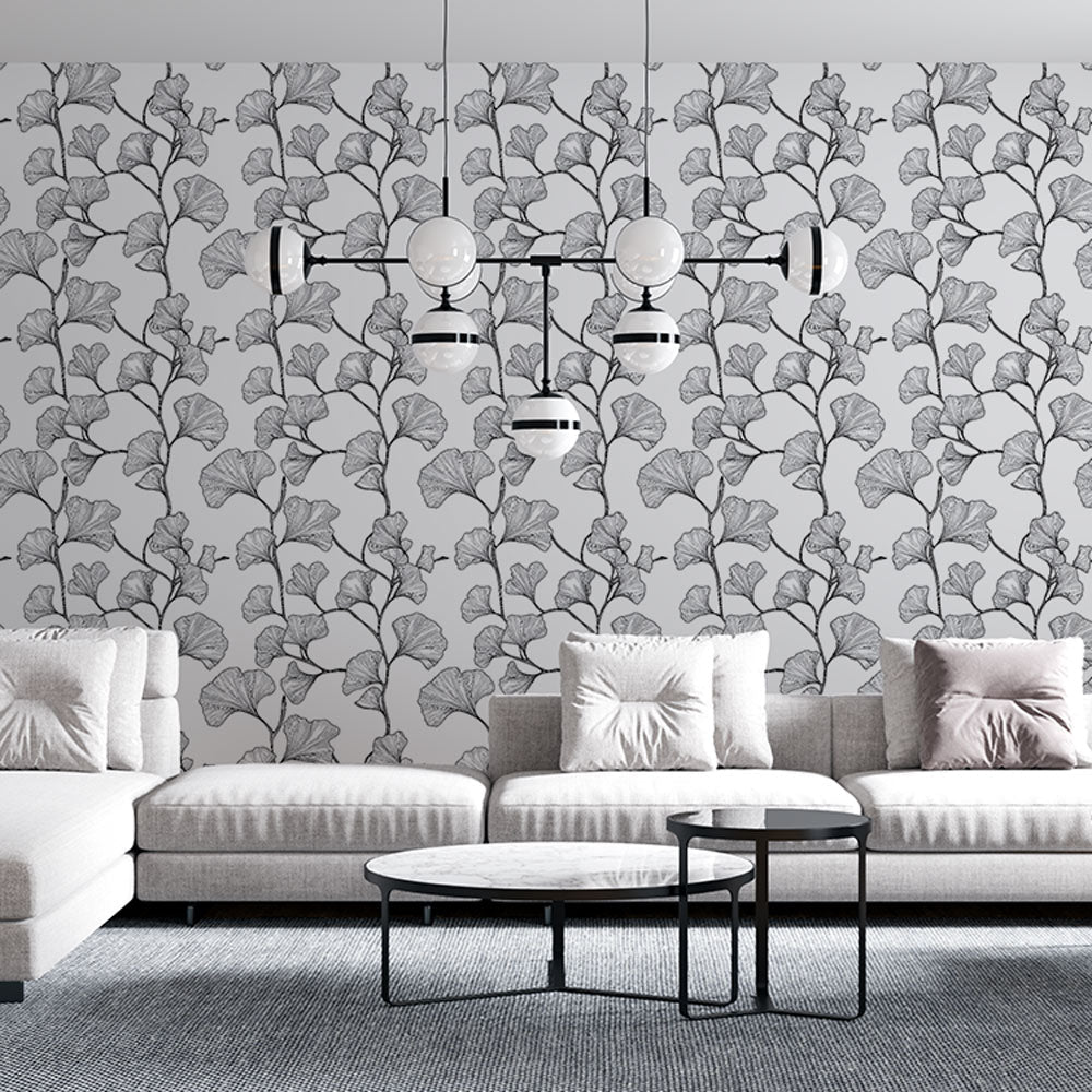 Ginkgo Wallpaper | Delicate B&W Leaves Wall Mural