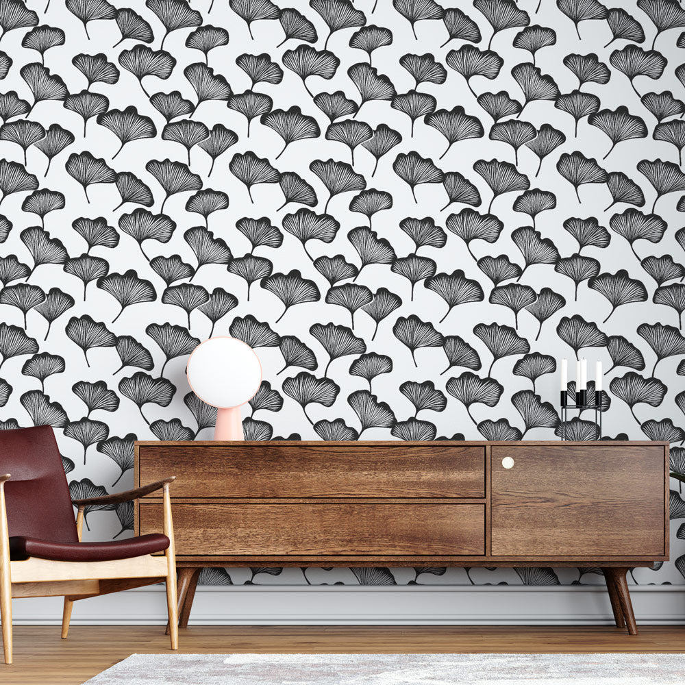 Ginkgo wallpaper | Elegant monochrome leaf wall mural
