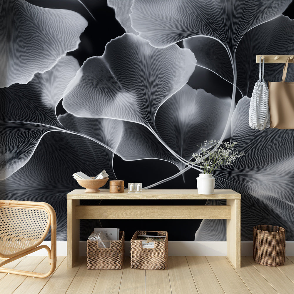 Ginkgo leaf Wall Mural - Black and white Tones