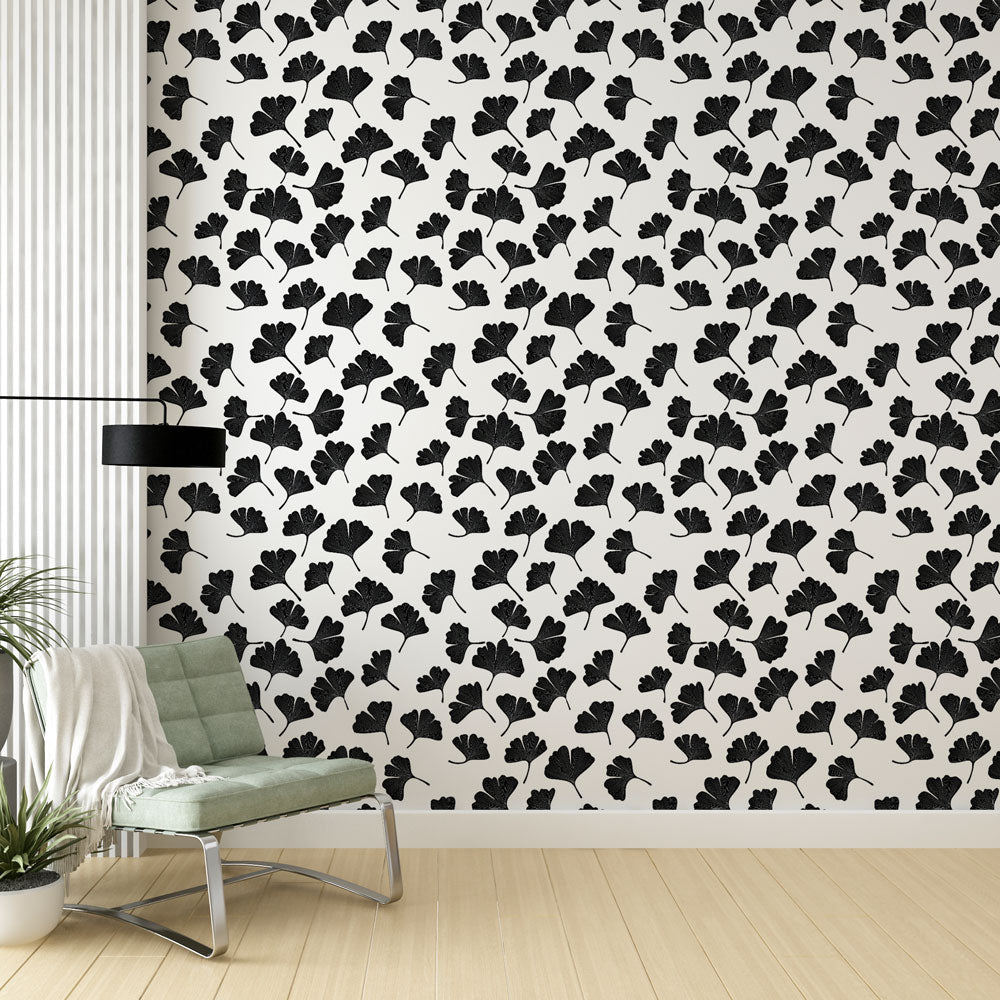 Ginkgo Repeat Wallpaper | Black & White Leaves Wall Mural