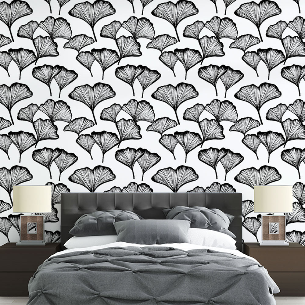 Ginkgo Wallpaper | Monochrome Leaves Mural