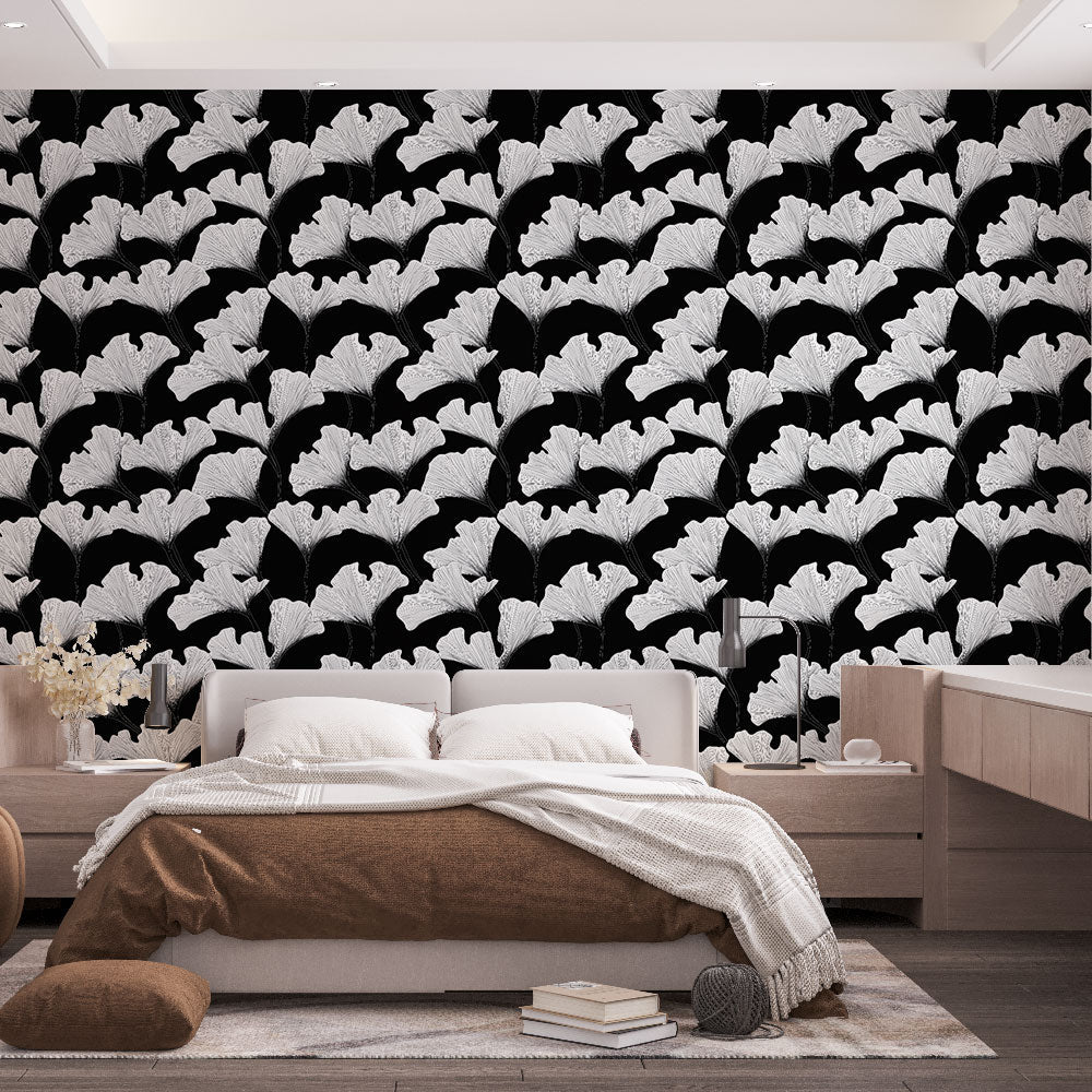 Ginkgo Wallpaper | White Leaves Wall Mural on Black Ground