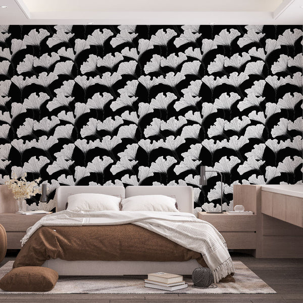 Ginkgo Wallpaper | White Leaves Wall Mural on Black Ground