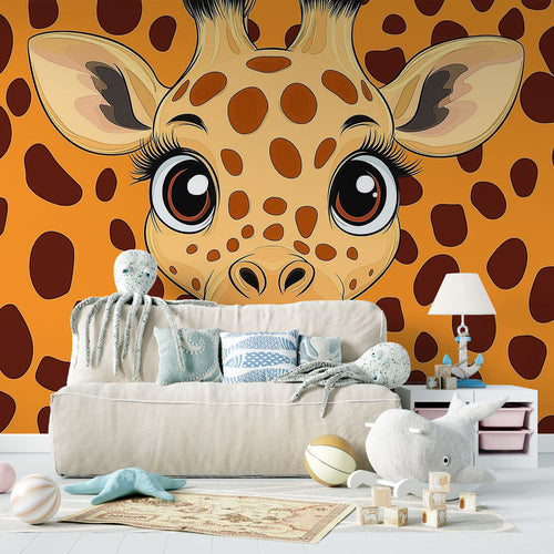 Adorable giraffe wallpaper with big eyes on orange spotted patterned background