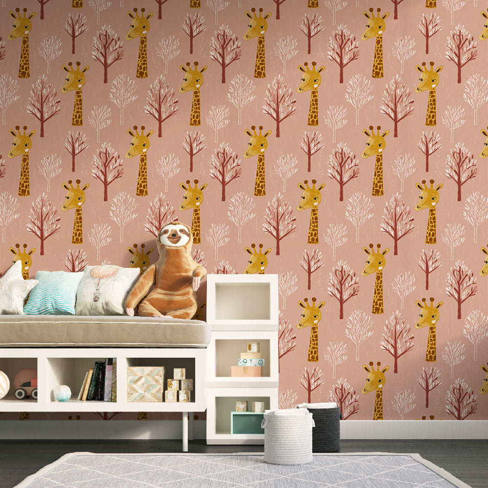 Giraffe Wallpaper | Sweet Giraffes and Trees on Pink