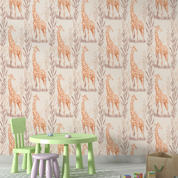 Giraffe Wallpaper | Orange Safari Foliage Wall Mural