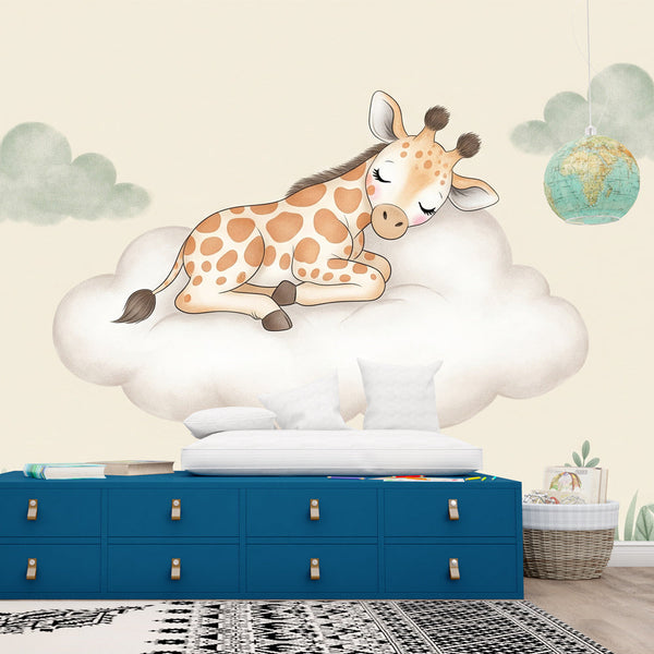Sleeping Giraffe Wallpaper | Soft Cloud Nursery Wall Mural