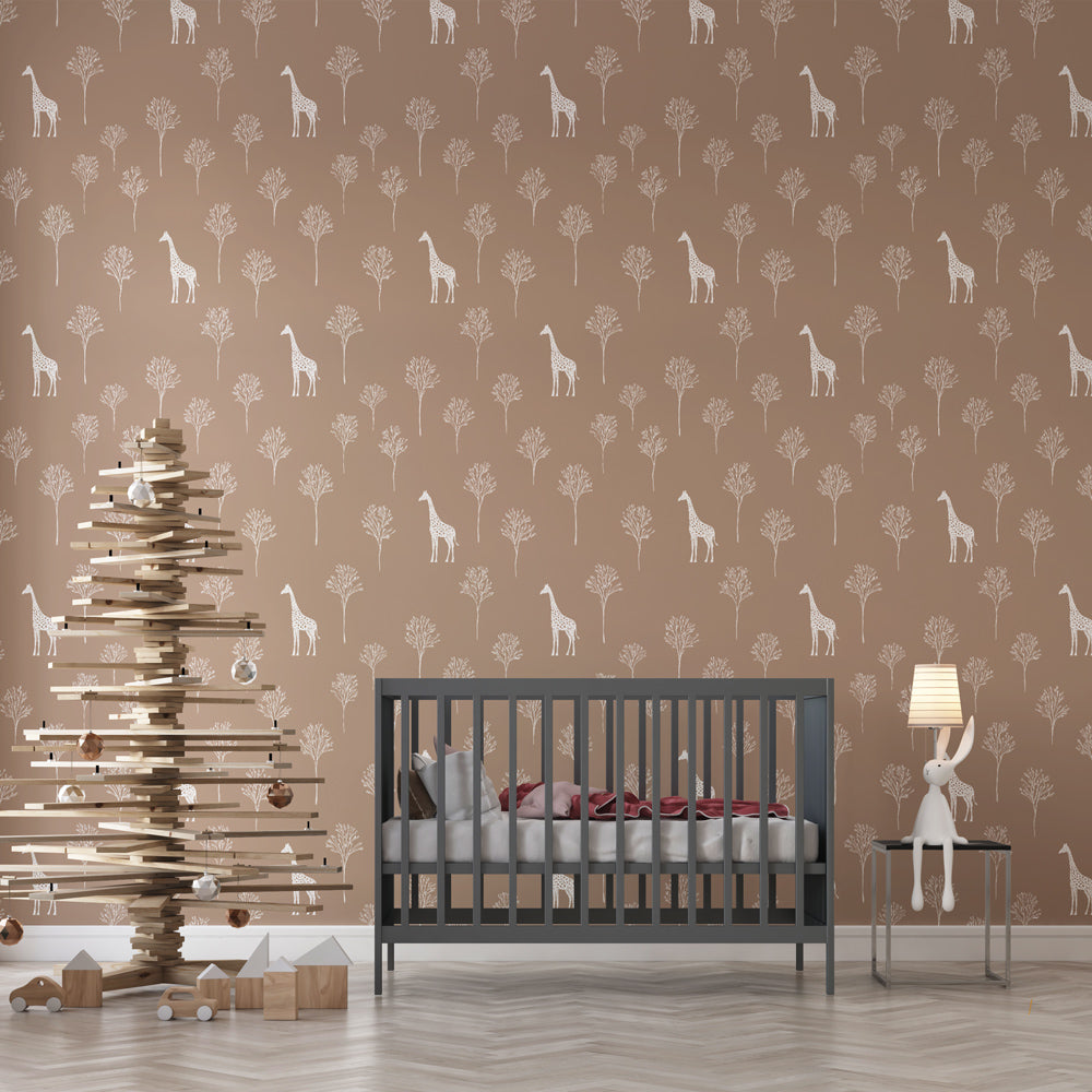 Giraffe and Tree Wallpaper | Soft Beige Wall Mural