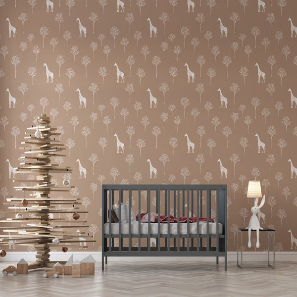 Giraffe and Tree Wallpaper | Soft Beige Wall Mural