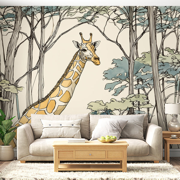 Giraffe Wallpaper | Stylized Giraffe Among Pastel Trees