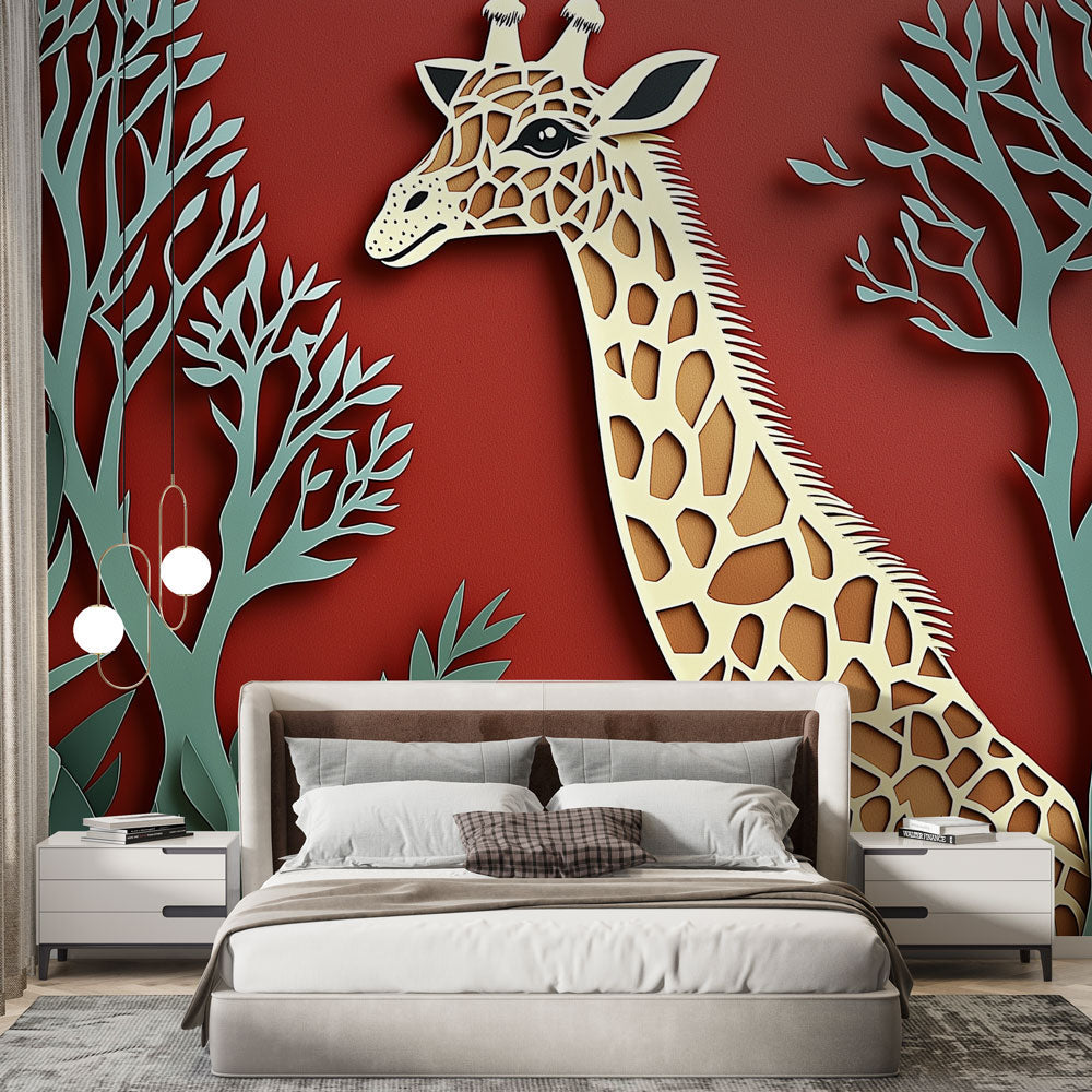 Giraffe Wallpaper | Paper-Cut Giraffe in Stylised Foliage Wall Mural