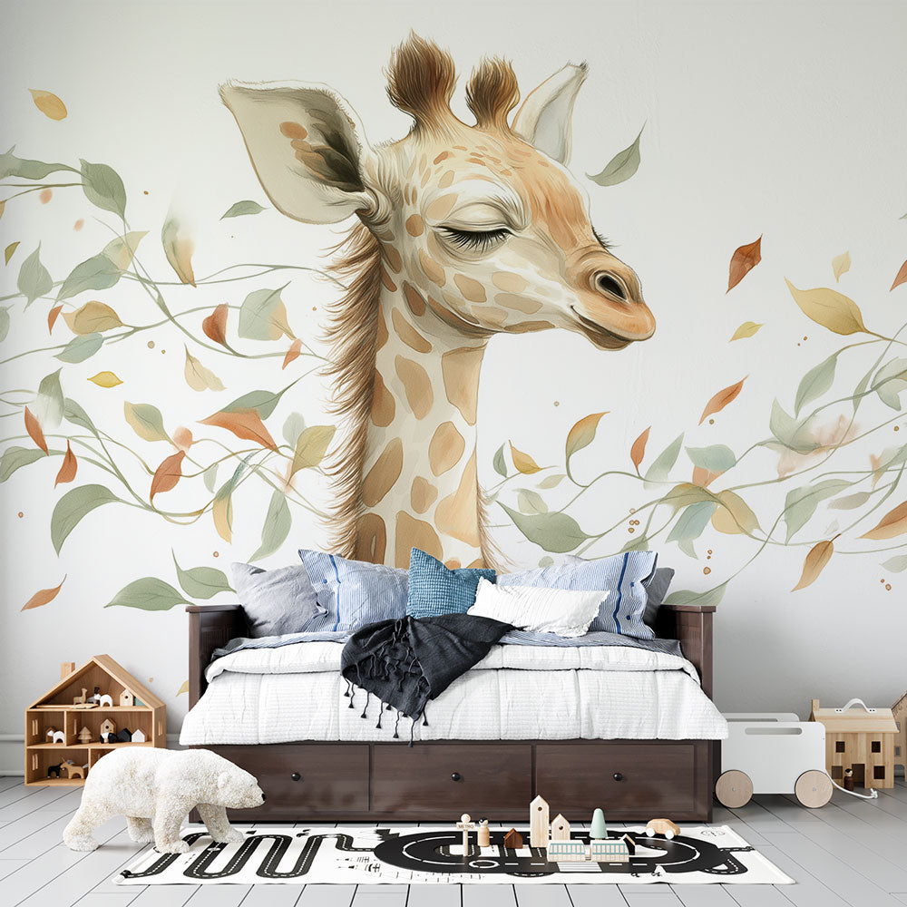 Giraffe Wallpaper | Soft Giraffe Illustration with Leaves