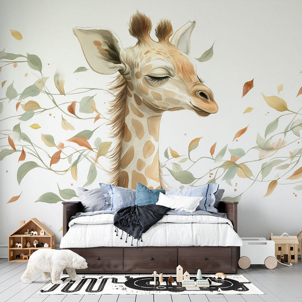 Giraffe Wallpaper | Soft Giraffe Illustration with Leaves