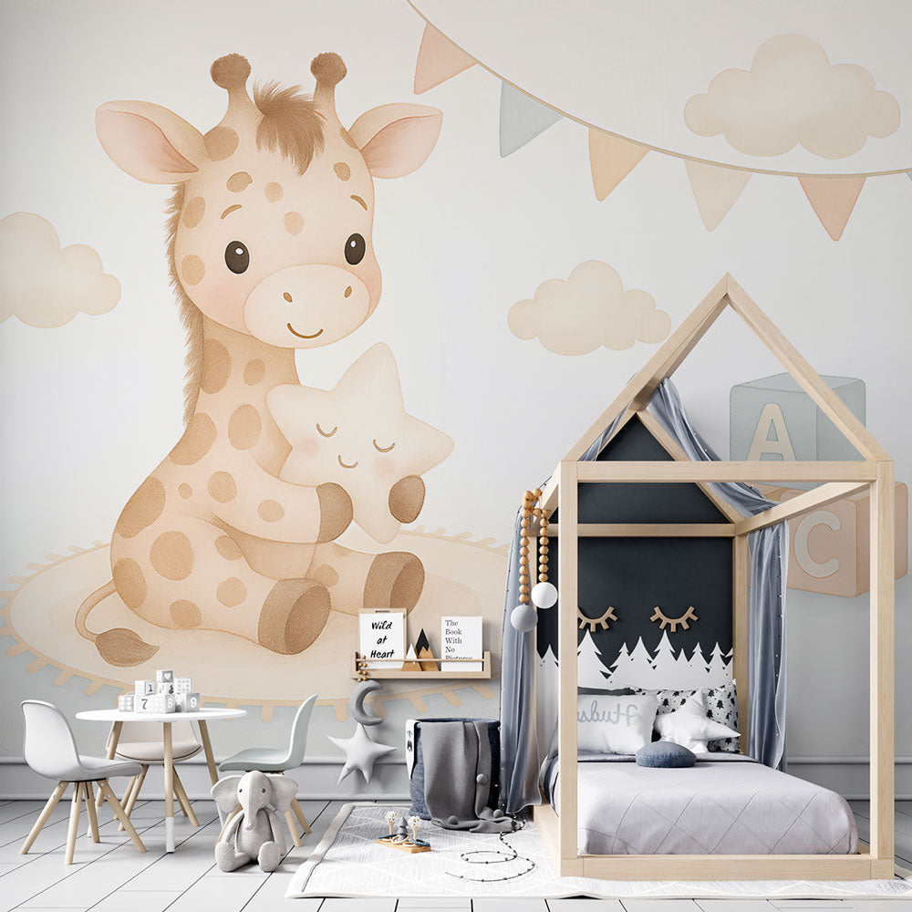 Cute Giraffe Wallpaper | Giraffe Hugging a Star in the Clouds