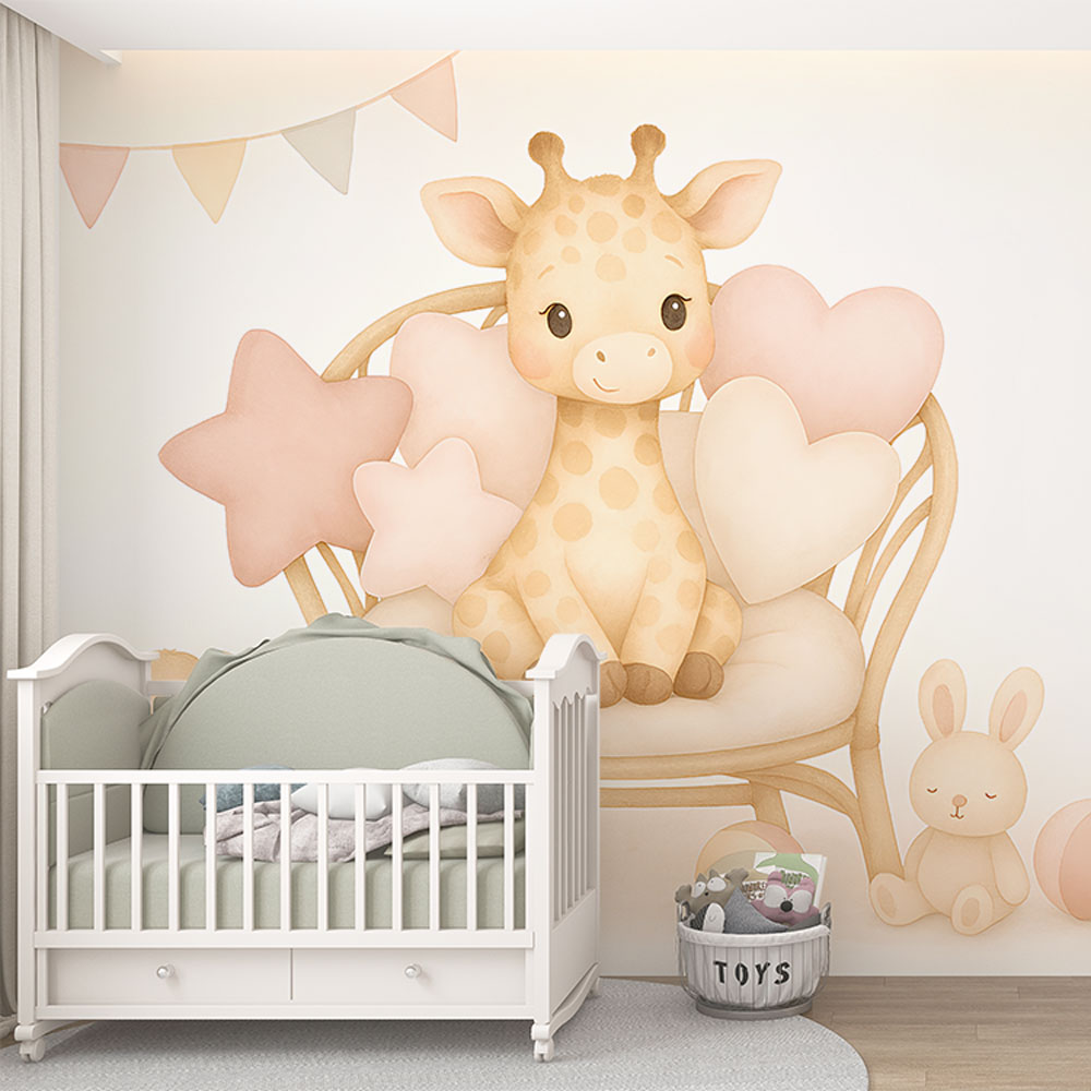 Cute Giraffe Wallpaper | Giraffe with Plush Toys and Cushions